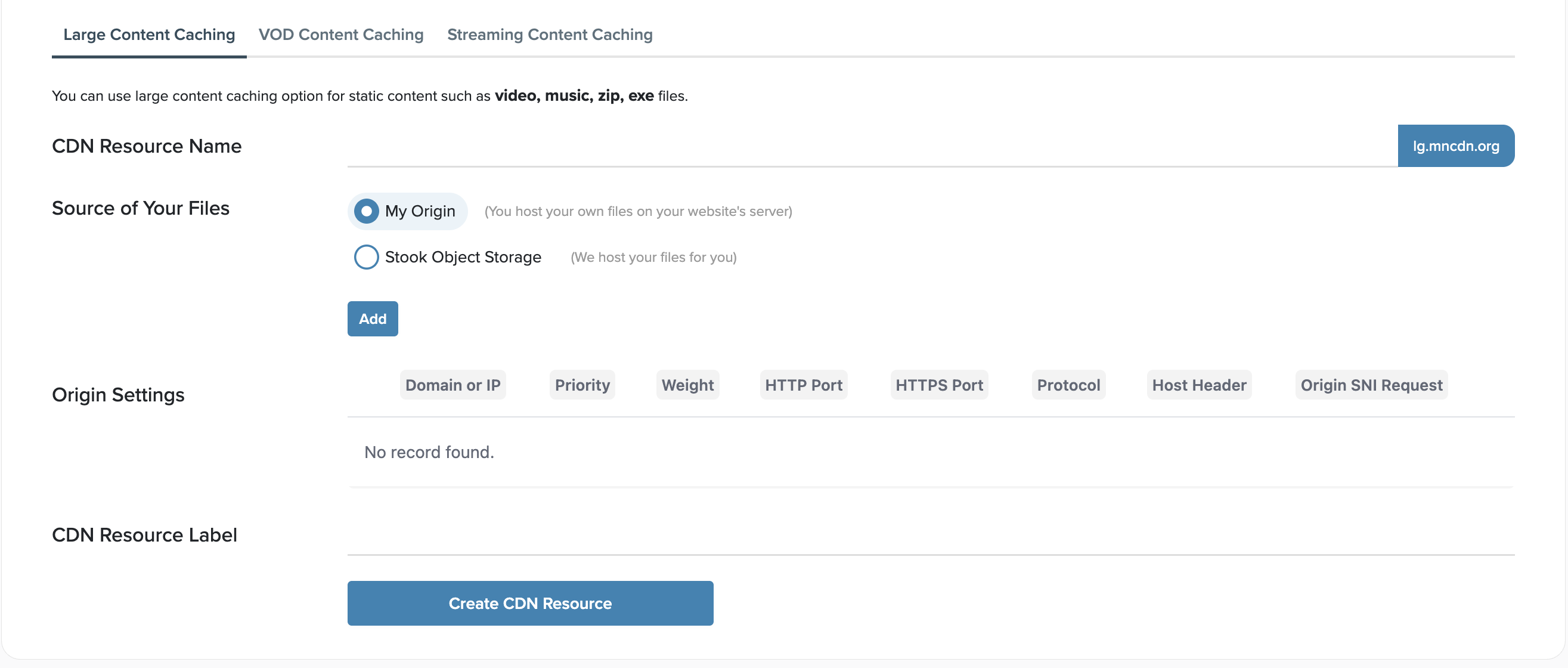 Select Large, VOD & Streaming resource type